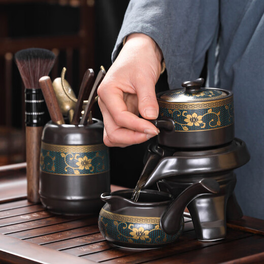 Craftsman's Lazy Tea Set Household Stone Mill Semi-automatic Tea Making Artifact Office Ceramic Anti-scalding Kung Fu Tea Set Complete Set Fragrant Automatic Tea Set + Black Square Tea Tray 10 Pieces