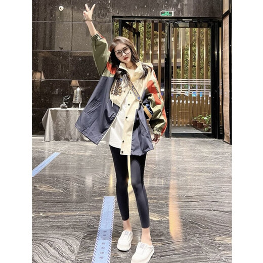 Mad Cortes 潮流设计感连帽外套女秋冬夹棉加厚宽松撞色夹克小个子休闲风衣 米杏色（夹棉） 加厚 S（85-100斤）