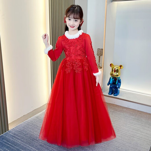 德夫阿可儿童礼服女童公主裙小主持人高端钢琴演出大童长裙学生秋冬季加厚 CR683长款长袖红色【加绒】 140 (建议51-60斤)