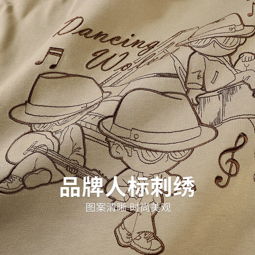 与狼共舞【重磅】圆领短袖T恤男纯棉2025夏季新款Q版人偶刺绣青年上衣6081 卡其701 2XL (185)