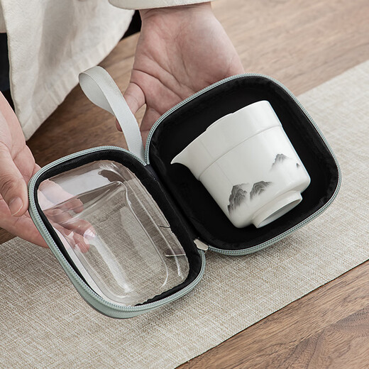 Gold inlaid jade travel tea set, portable single person kung fu set, outdoor simple tea making cup, companion