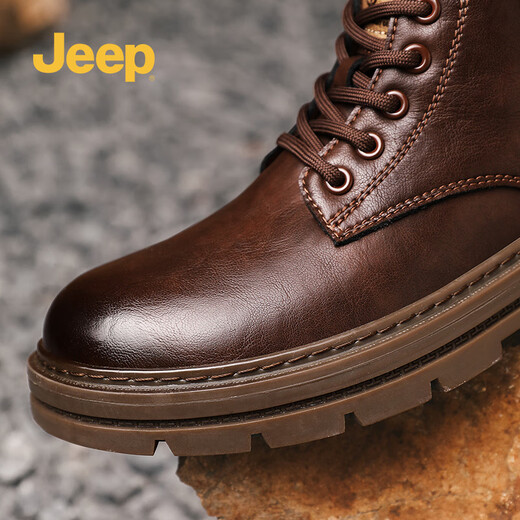 Jeep Chelsea Boots Jeep British Style Martin Boots Mid-High Top Boots de cuero Botas de cuero anti-Ciudad al aire libre Zapatos de cuero casuales Brown 41