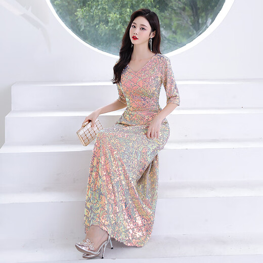 Mermaid shiny long dress, conducting piano performance, hosting evening wear, annual meeting, catwalk, art test, chorus, high-end long dress, color L