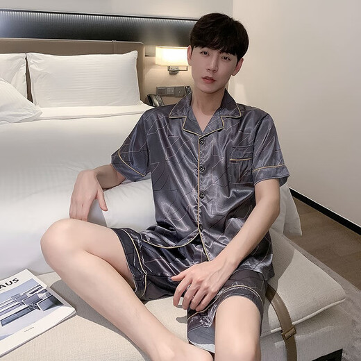 Revisando personas, pijamas de seda de hielo, mangas cortas delgadas de verano para hombres, versión coreana, tamaño grande, ropa de seda simulada, traje juvenil, K-724# Silver Small Letters, doble corto, código XXL para hombres, 130-145Jin [Jin equivale a 0.5 kg]