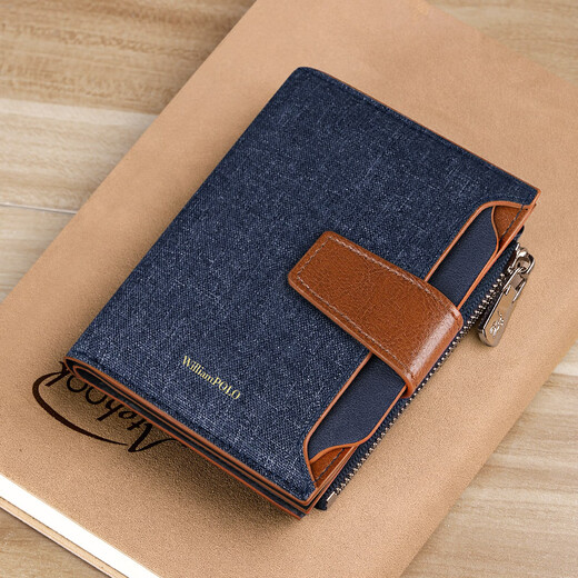 
WILLIAMPOLO Paul anti-theft wallet men's short canvas card bag driver's license multi-function love Father's Day gift for dad blue-14 card position [removable card clip]