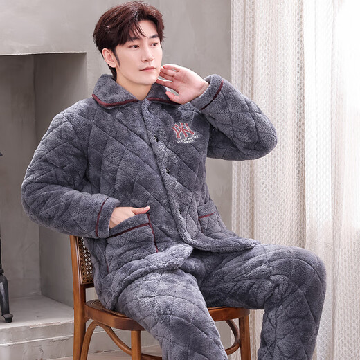 Xuanduoqi Pyjamas Herren-Dreischicht eingedickter Korallenvelvet-Baumwollflanell warme Home Kleidungsstück Herbst- und Winterstil C9921# Schwarze graue Männer [Pflug] L (100-125jin [Jin gleich 0,5 kg]) Dreischichtig eingedrocken