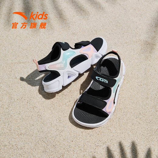 ANTA Children's Sandals Girls' Beach Shoes Summer Open-Toe Breathable Velcro Arch Sandals ANTA White/Light Mist Purple/Black-1 30 Inner Length 18.5cm