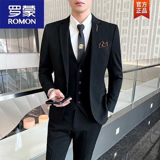 罗蒙（ROMON）西服套装男士商务条纹英伦职业正装休闲小西装新郎结婚礼服潮男生 1908黑色单西+马甲+衬衫+西裤 M