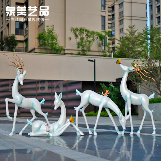 Fiberglass abstract sika deer sculpture ornaments sales department lawn meadow decoration community garden landscape decoration white lying deer