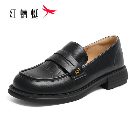 红蜻蜓乐福鞋女春秋季英伦风方头软底单鞋女方跟皮鞋女WLB14137 黑色 38