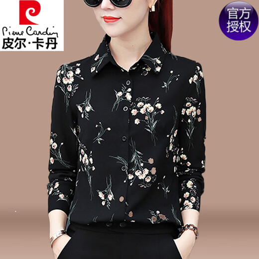 Pier Cardin high-end printed chiffon long-sleeved shirt for women 2025 spring and autumn new floral shirt middle-aged mother base top XM3519 green S [suggested 80-95Jin [Jin equals 0.5 kg]]