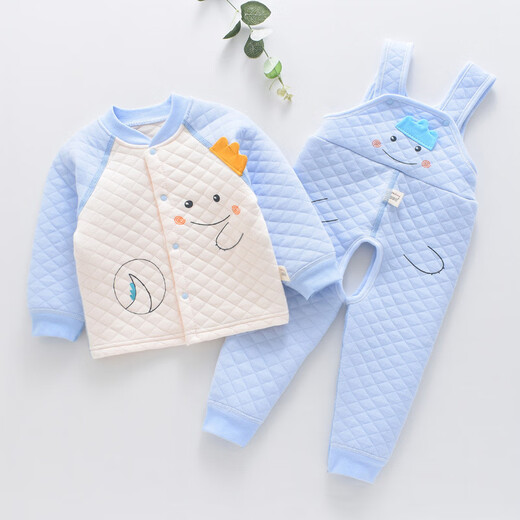 Xin Yueqing autumn and winter children's quilted thickened three-layer thermal underwear for boys and girls pure cotton suspenders thermal underwear set backpack bear blue suspender warm 90