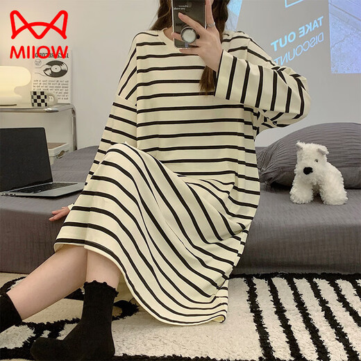猫人（MiiOW）带胸垫睡裙女纯棉长袖可爱公主风网红大码睡衣宽松2025新款春秋季 CK-16857 M 【无胸垫】