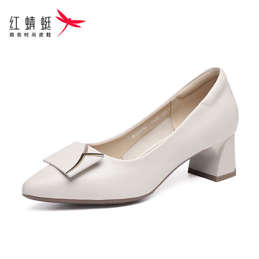 Red Dragonfly Leap Moon Shoes Fashion Square Buckle Commuter High Heels Temperament Elegant Thick Heels Women's Shoes Single Shoes WLB33095 Beige 37