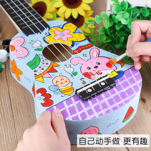 
Ukulele DIY small guitar handmade homemade assembly material bag painted hand-painted graffiti wood 21 inches round + pigment + backpack strap 21 inches