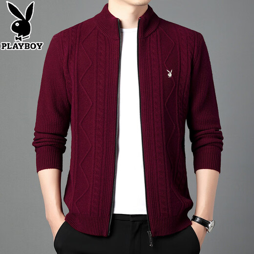花花公子（PLAYBOY）男装加厚保暖毛衣外套男全羊毛开衫立领纯色拉链针织开衫男士冬季 卡驼 190/4XL
