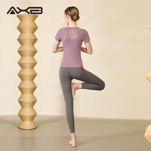 Aixiabu women's yoga suit spring and summer quick-drying short-sleeved sports T-shirt professional Pilates fitness clothing beautiful back large size misty purple top + ancient wood gray nine-point pants XL