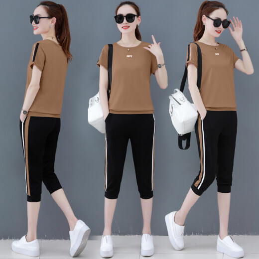 Wei Ni 2020 Summer Women's Short-Sleeved Cropped Pants Two-piece Casual Wear Sports Suit zx1AF01-771 Coffee L