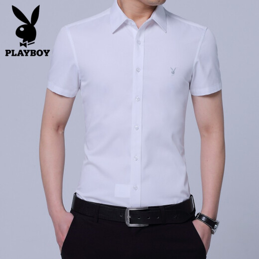 Playboy short-sleeved shirt for men 2020 summer new business men's shirt men's workwear short-sleeved shirt youth Korean version slim-fit iron-free top 1807 white L/39