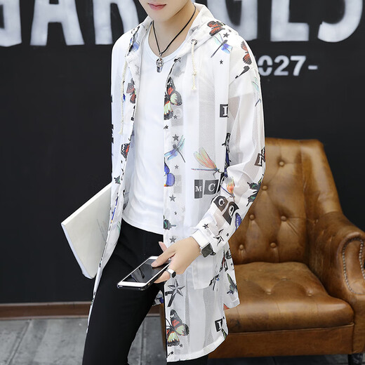 Men's Sun Protection Clothes Men's Tulle Outerwear Ice Silk Clothes Men's Cloak Summer Breathable Clothes Hooded Fishing Mesh Hollow Mid-Length Check M M