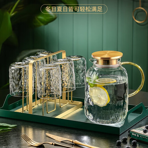 MIDOC light luxury glass water cup, home tea cup, high-looking bark pattern heat-resistant living room drinking cup set for entertaining guests, 6 tree pattern cups + gold frame + tree pattern pot + green tray