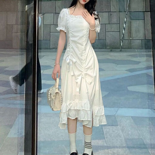 婷婉美网红小白裙女夏季小个子清纯显瘦收腰可甜初恋系白色泡泡袖连衣裙 695#【白色 短款】 L 建议100-110斤