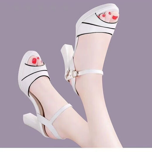 
Huilijun 2024 summer new thick heel sandals for women's high heels versatile one-liner mid-heel fish mouth shoes waterproof platform shoes white 35