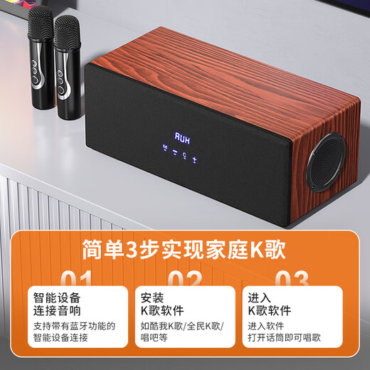 Soaiy F8 Home KTV Audio Karaoke-Verstärker All-in-One-Heim-TV-Projektion Holzgitarrenlautsprecher Dual-Mikrofon-Upgrade 4 Lautsprecher Holzkornfarbe