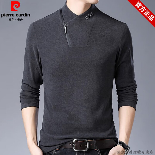 Pierre Cardin brand pure cotton long-sleeved sweatshirt men's half turtleneck T-shirt double-sided velvet autumn and winter new solid color slim bottoming shirt trendy HL-19819 black 175/XL