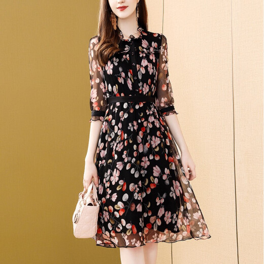 Mid-sleeve floral chiffon dress for women 2020 summer new product waist slimming celebrity lady mother's wear French age-reducing fashion casual temperament mid-length skirt women's summer wear trendy color M