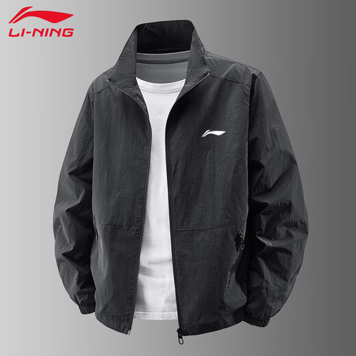 Li Ning 1990 coat men's autumn and winter velvet thickening loose windproof stand collar sports top casual trendy brand jacket men black spring and autumn style M 95-110Jin Jin equals 0.5 kg