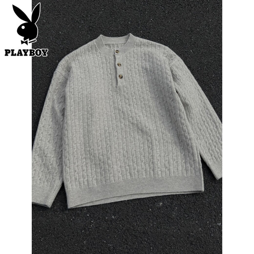Playboy (PLAYBOY) autumn and winter retro old money style button Henry collar sweater for men and women loose lazy high-end sweater Chenguang Apricot M