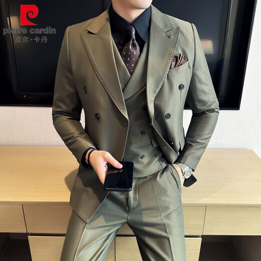 Pierre Cardin double-breasted brown high-end handsome suit men's suit Korean version slim wedding groom small suit jacket navy blue (suit + pants) 2XL