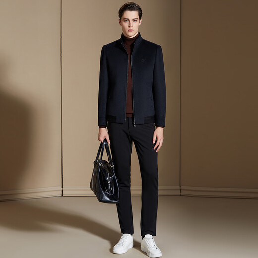 Antonio Cashmere + Mulberry Silk Autumn and Winter Wool Woolen Jacket Men's Stand Collar Business Commuting Cashmere Coat Jacket Blue M