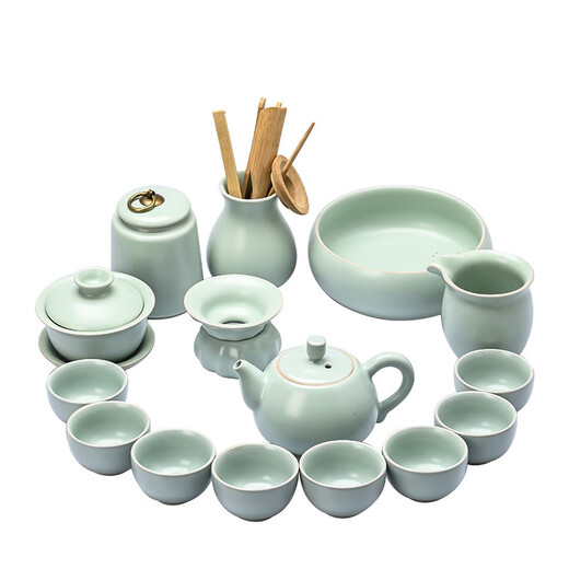 Jiangmingtang high-end Ru kiln Kung Fu tea set complete set with side handle teapot cover bowl azure handmade Ru porcelain opening piece practical for gift Yueying azure Ru kiln set - next day delivery 16 pieces