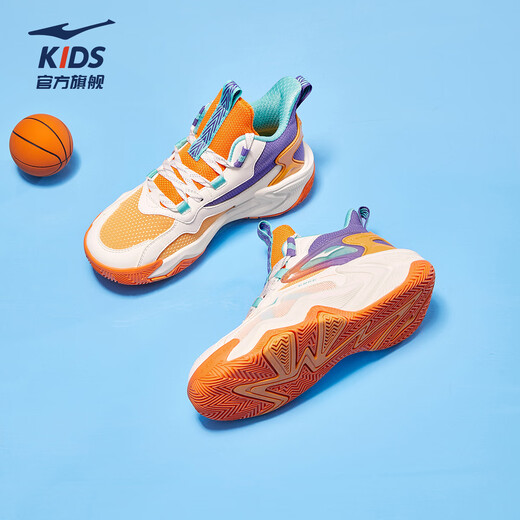 Hongxing Erke (ERKE) children's shoes children's basketball shoes spring men's and large children's strap cushioning sneakers microcrystalline white/beeswax orange 36