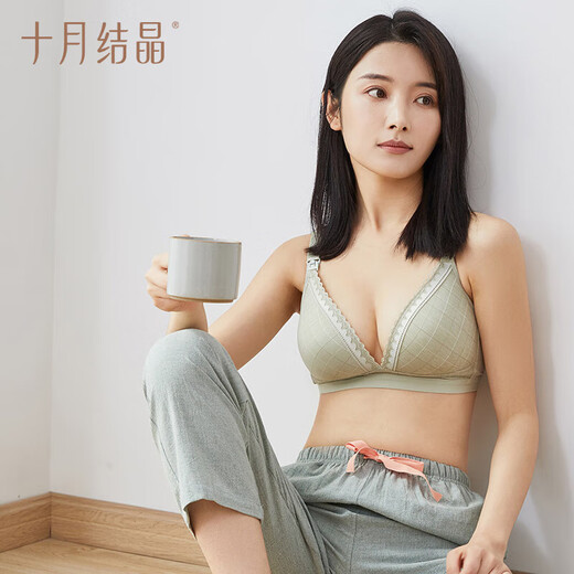 十月结晶 孕妇内衣女聚拢哺乳文胸怀孕期喂奶专用上开扣文胸 绿格 L码