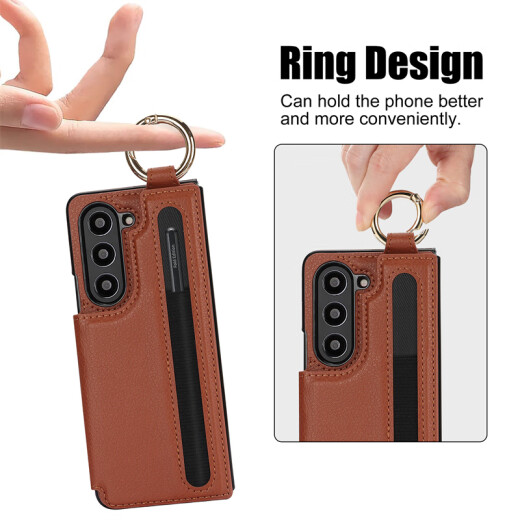Jinhao eignet sich für Samsung Z Fold5 Mobiltelefone Hülle Pensteckplatz-Brieftasche Klappschirm Fold4/3 Vollinclusive Anti-Fall-Schutzhülle Ringhalterung High-End-Mode-Mode-Brieftasche Mobiltelefon Leder-Hülle Ringschutz Hülle Brown Samsung Fold5