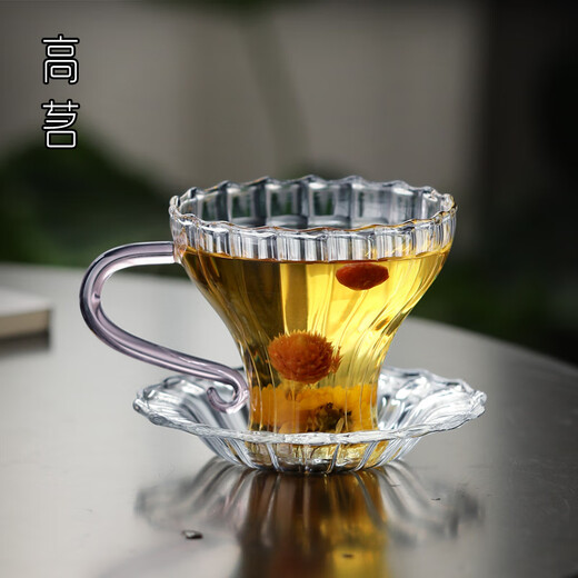 Gao Ming small glass tea cup with handle for ladies tea cup Kung Fu tea Pu'er tea green tea tea set coffee cup bamboo hat water cup petal small tea cup pink handle with coaster 100ml