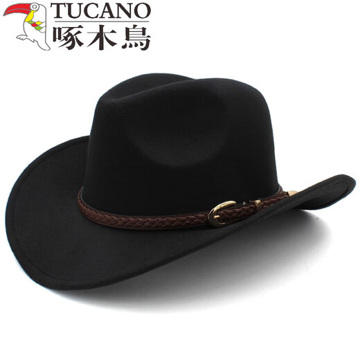 Woodpecker 3 sizes large head circumference adjustable spring, autumn and winter men's and women's woolen horse riding western cowboy hat black (no windproof rope) large head circumference 60-61CM
