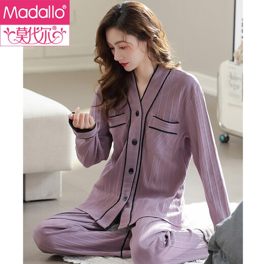 莫代尔睡衣女士春秋季秋款纯棉长袖家居服全棉加肥大码宽松秋天薄款 T9274雅黑 XL (170)