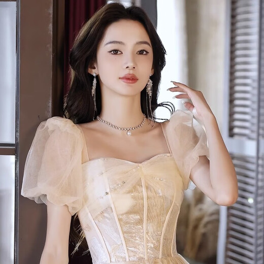 丽佰昕法式晚礼服女高级感香槟色高端轻奢小众仙气轻纱主持人声乐艺考裙 香槟色 3XL  建议130-135斤
