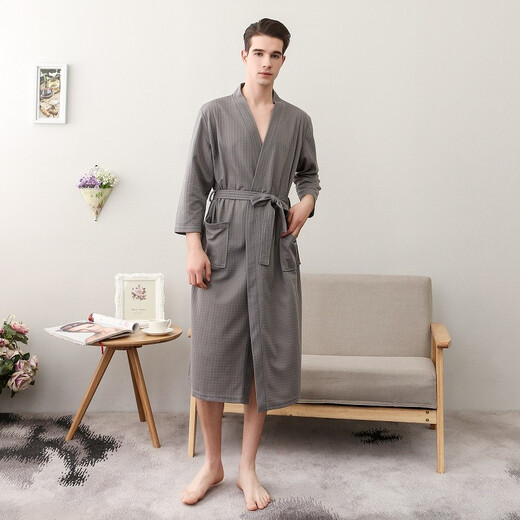 The end of the year waffle water-absorbing bathrobe, thin couple's nightgown, men's quick-drying bathrobe, spring, summer and autumn, centre-sleeved pajamas, 1601 gray men's style 3XL [175-185CM, 140-200Jin[Jin equals 0.5 kg]]