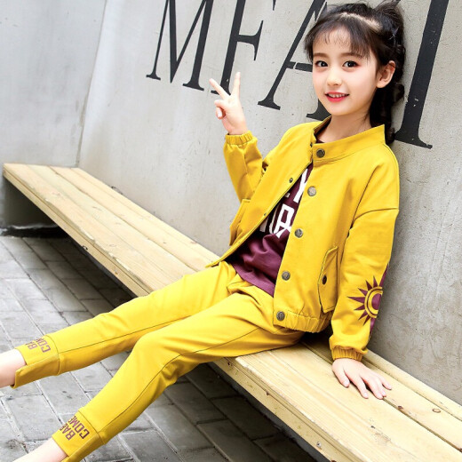 [Three-piece set] Nojia Weiqi children's clothing girls' suit autumn and winter clothing plus velvet thickened long-sleeved trousers new medium and large children's clothing fashion Korean version autumn and winter three-piece Internet celebrity suit girls apricot color 160 size recommended height of about 1.5 meters