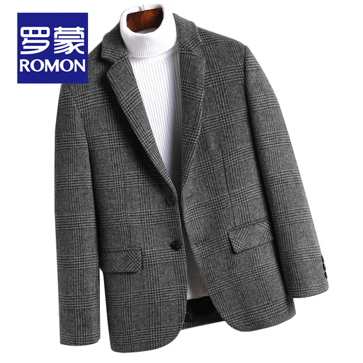 罗蒙含羊毛西服男士春秋双面呢千鸟格子外套男商务休闲单西毛呢西装男 深灰色 170/M码