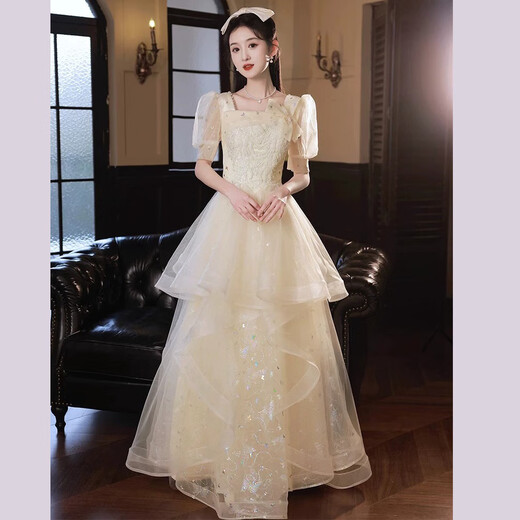 Libaixin Champagne Couleur de soirée robe pour les femmes 2025 New Light Luxury Niche Niche haut de gamme Vocal Music Art Exam Host Performance Champagne Color 3XL Recommandé 130-135Jin [Jin est égal à 0,5 kg]