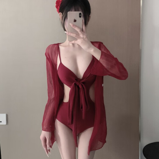 Ann and Luo Shiqi swimsuit women's new hollow sexy one-piece pure lust daughter bikini cover-up two-piece set with underwire push-up vacation wine red L (95-115Jin [Jin equals 0.5 kg])