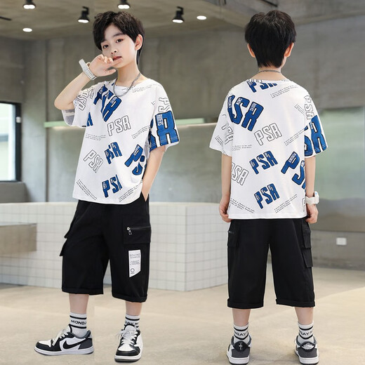 
AN Children's Clothing Boys Summer Set 2025 New Children's Summer Short-Sleeve Clothing Medium-Big Children's Cool and Fashionable Street Explosion Gray 150 (Suggested height about 145cm)