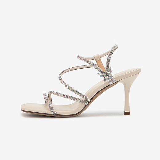 Qianbaidu [Serie Silent] Sandalias de moda con tacón de tacón para mujeres nuevas sandalias de moda de verano Silver/Beige 38