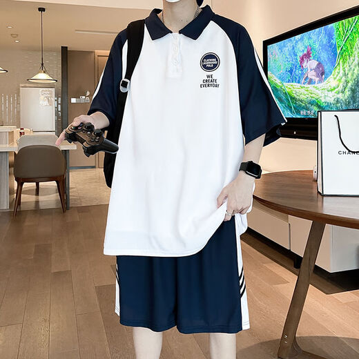 简方位大童男装12岁到15岁短袖中学生T恤夏季POLO衫套装男孩12-15岁青少 5012绿色短袖+短裤 均码  M 70-100斤左右